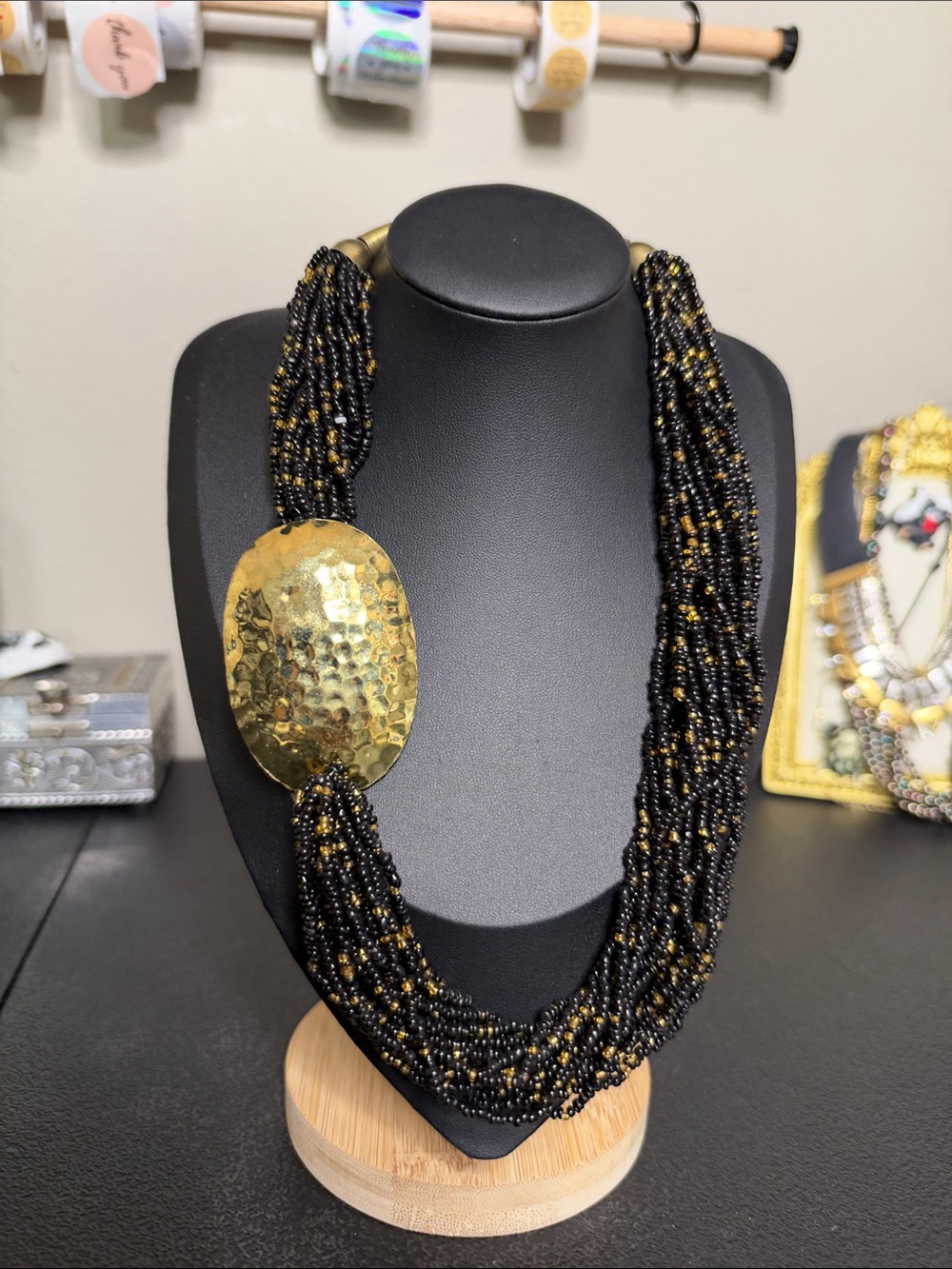 Handmade Black Gold Multi-Strand Glass Beaded Necklace Hammered Pendant